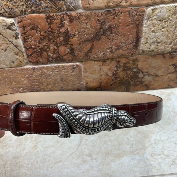 Brighton Belt Embossed Alligator Buckle Croc Leather Vintage Brown Silver Size M - Picture 3 of 12